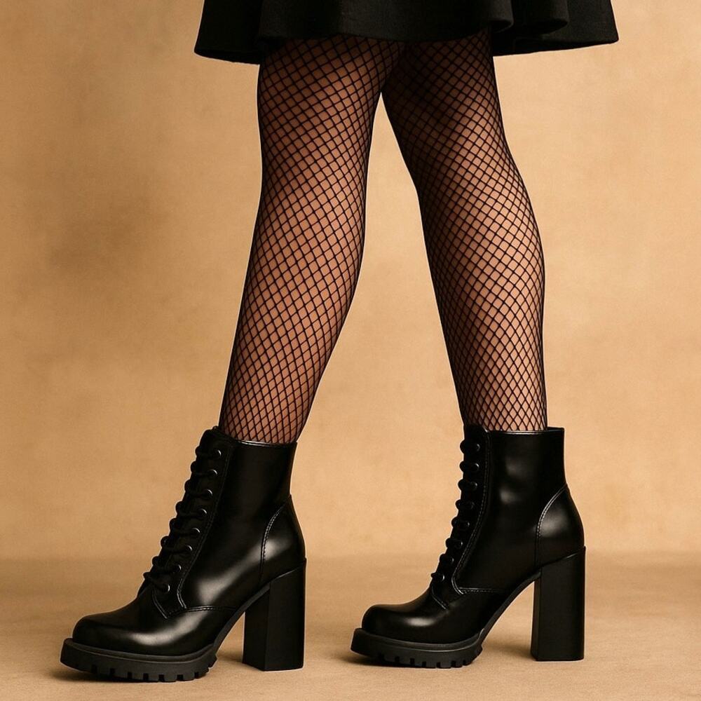 JEFFREY CAMPBELL Black Leather Bootie Lug Sole Chunky Block Heel Womens 6.5 Goth